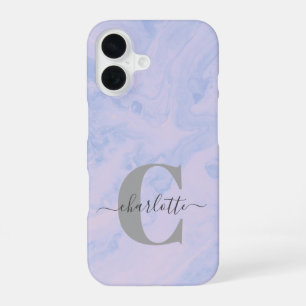 Lila Lavender Marble Elegant Monogram Naam iPhone 16 Hoesje
