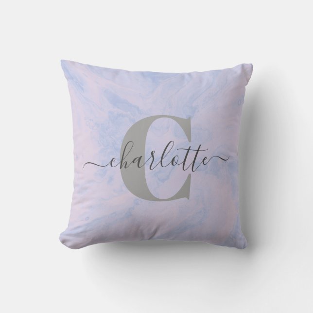 Lila Lavender Marble Elegant Monogram Naam Kussen (Voorkant)
