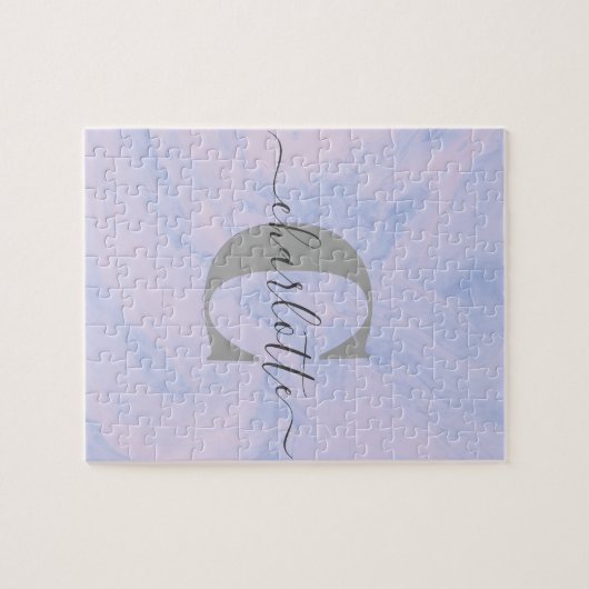 Lila Lavender Marble Elegant Monogram Naam Legpuzzel (Horizontaal)