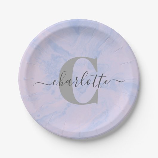 Lila Lavender Marble Elegant Monogram Naam Papieren Bordje (Voorkant)