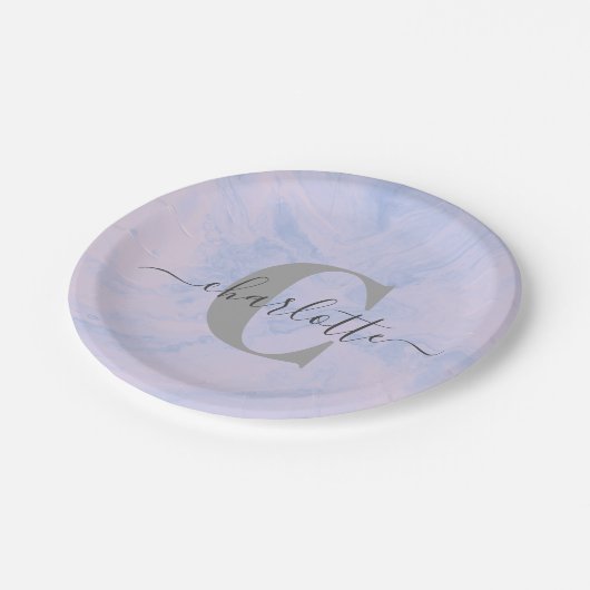 Lila Lavender Marble Elegant Monogram Naam Papieren Bordje (Gekanteld)