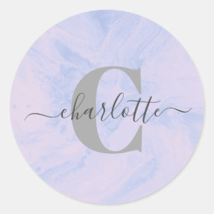 Lila Lavender Marble Elegant Monogram Naam Ronde Sticker