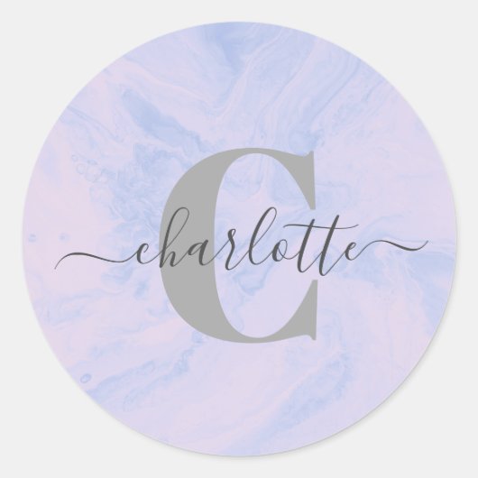 Lila Lavender Marble Elegant Monogram Naam Ronde Sticker (Voorkant)