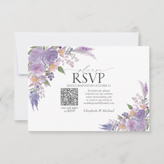 Lila Lavender Mauve Floral QR Code Weddenschap RSV RSVP Kaartje (Voorkant)