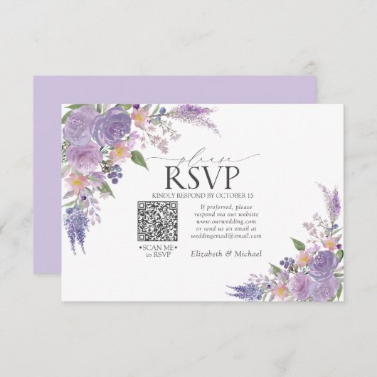 Lila Lavender Mauve Floral QR Code Weddenschap RSV RSVP Kaartje (Voorkant / Achterkant)