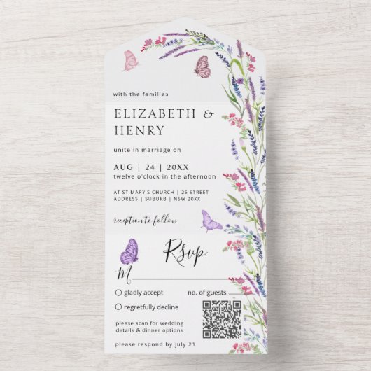 Lila Lavender Mauve Wedding Qr Code All In One Uitnodiging (Binnen)