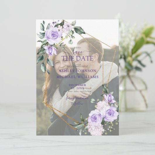 Lila Lavender Vellum Overlay Photo Save the Date (Staand voorkant)