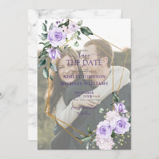 Lila Lavender Vellum Overlay Photo Save the Date (Voorkant / Achterkant)