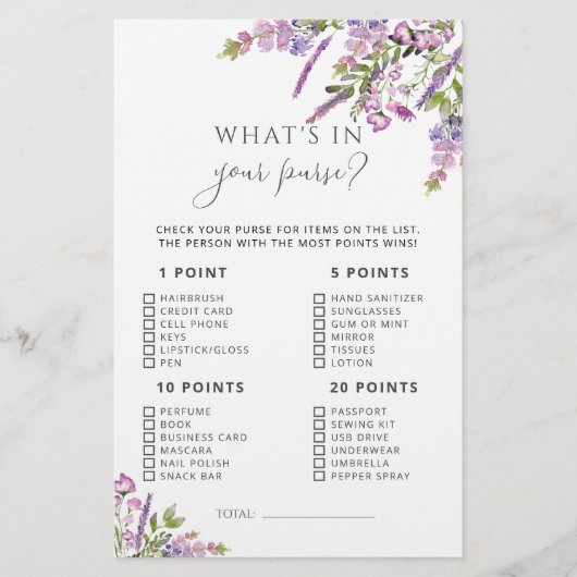 Lila lavender Wat zit er in je Purse Game (Voorkant)