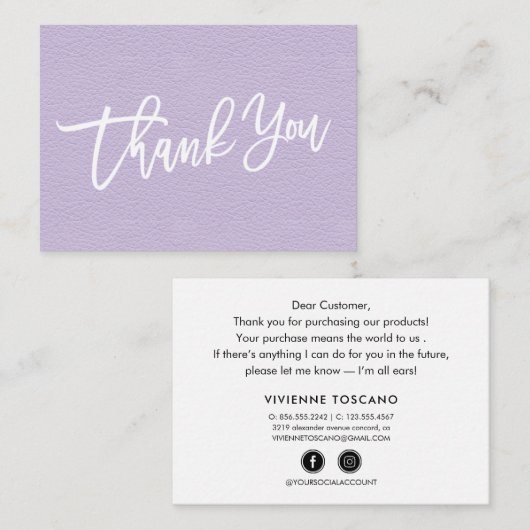 Lila lederen hand geschreven Hartelijk dank aan kl Informatiekaartje (Voorkant / Achterkant)