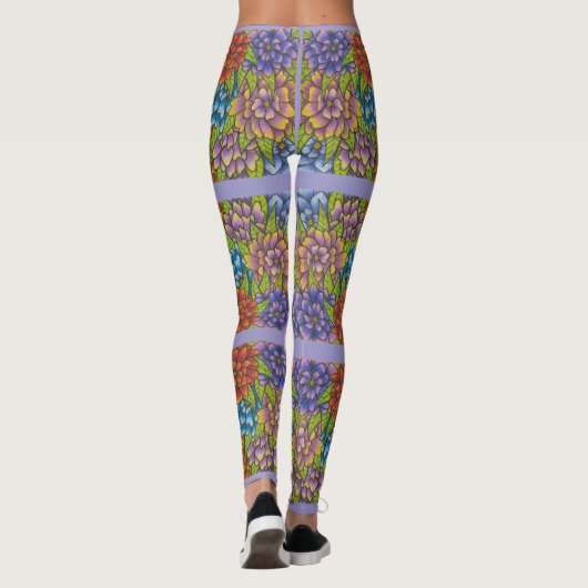 Lila Leggings met kleurrijke bloemen en strepen (Achterkant)