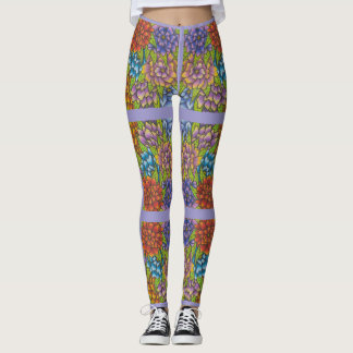 Lila Leggings met kleurrijke bloemen en strepen