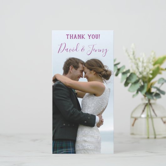 Lila lente tuin bruiloft foto bedankkaart (Staand voorkant)