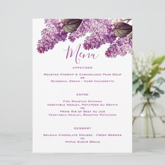 Lila lentetuin bruiloft menu (Staand voorkant)