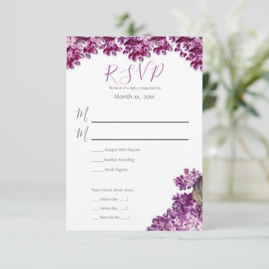 Lila lentetuin bruiloft RSVP kaartje (Staand voorkant)