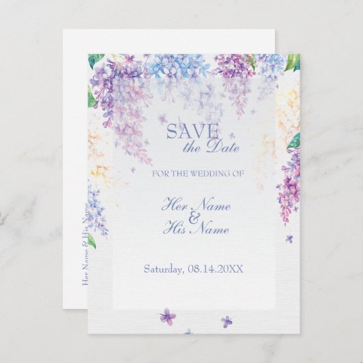 Lila lentevloerbloem bruiloft bewaart de datum aankondigingskaart (Voorkant / Achterkant)