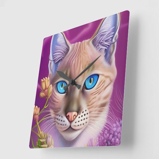 Lila Lynx-punt Siamese kat in paars Vierkante Klok (Hoek)