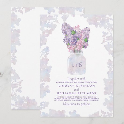 Lila Mason Jar | Bloemen Waterverf rustieke bruilo Kaart (Voorkant / Achterkant)