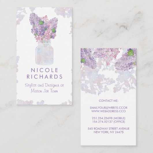 Lila Mason Jar Boeket Floral Waterverf Elegant Visitekaartje (Voorkant / Achterkant)