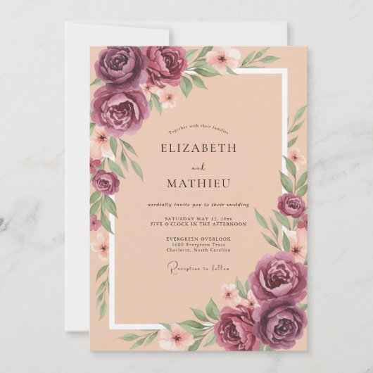 Lila Mauve Perzik Ranunculus Eucalyptus Bruiloft Kaart (Voorkant)