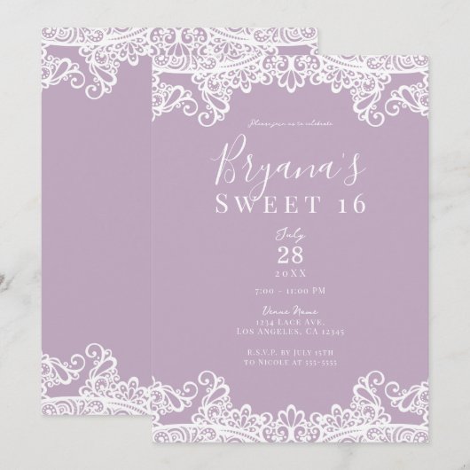Lila Mauve & White Lace Elegant Sweet 16 Party Kaart (Voorkant / Achterkant)