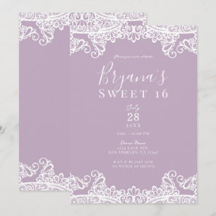 Lila Mauve & Witte Kant Elegant Sweet 16 Feestje Kaart