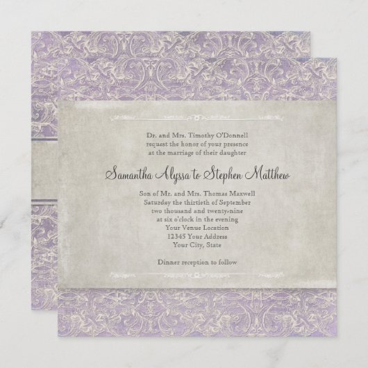 Lila met grijs  Frans Regency Lace Etched Kaart (Voorkant / Achterkant)