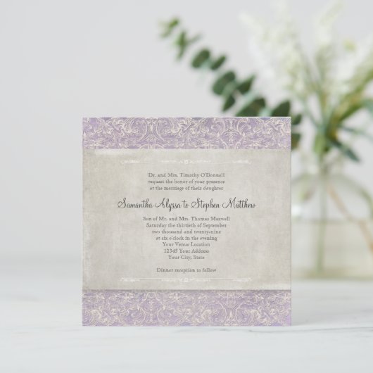 Lila met grijs  Frans Regency Lace Etched Kaart (Staand voorkant)