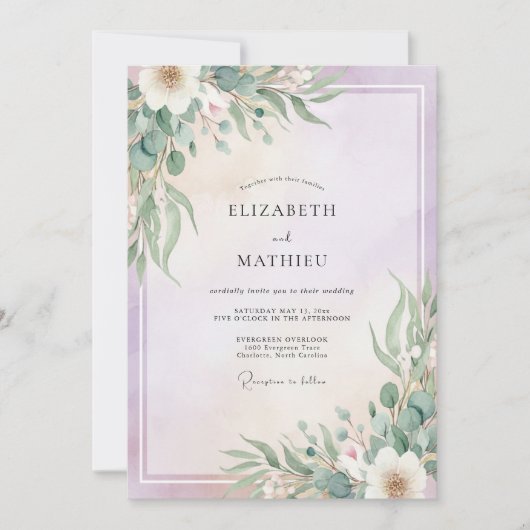 Lila Mintgroen Blad Eucalyptus Bruiloft Kaart (Voorkant)