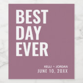 Lila Modern Best Day Ever Wedding Wine Label Wijn Etiket (Enkel label)