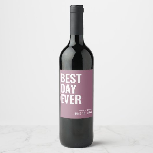 Lila Modern Best Day Ever Wedding Wine Label Wijn Etiket (Voorkant)