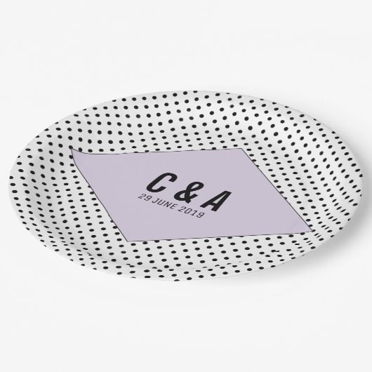 Lila moderne poladots bruiloft papieren bordje (Gekanteld)