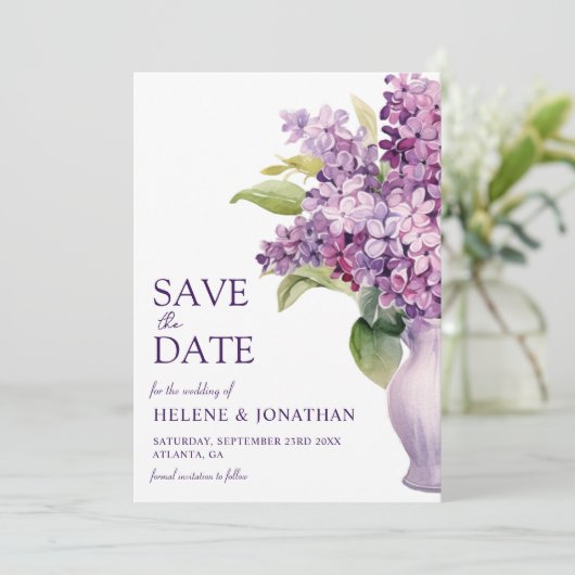 Lila Moderne Rustieke Bloemen Elegante Bruiloft Save The Date (Staand voorkant)