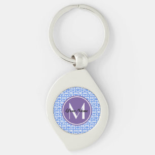Lila Monogram Blauw en Witte Owl Patroon Sleutelhanger