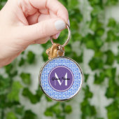 Lila Monogram Blauw en Witte Owl Patroon Sleutelhanger (Hand)