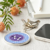 Lila Monogram Blauw en Witte Owl Patroon Sleutelhanger (Zijkant)