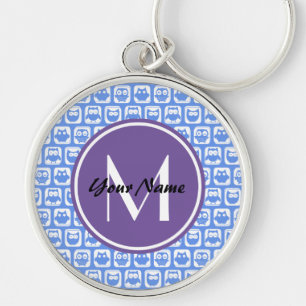 Lila Monogram Blauw en Witte Owl Patroon Sleutelhanger