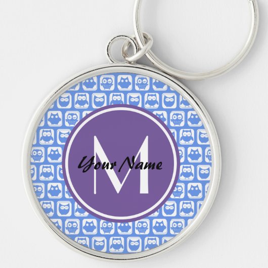 Lila Monogram Blauw en Witte Owl Patroon Sleutelhanger (Voorkant)