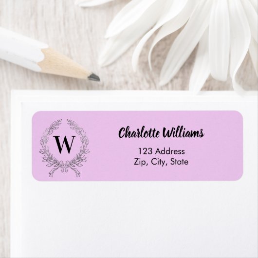 Lila monogram initiaal krans retouradres etiket (Insitu)