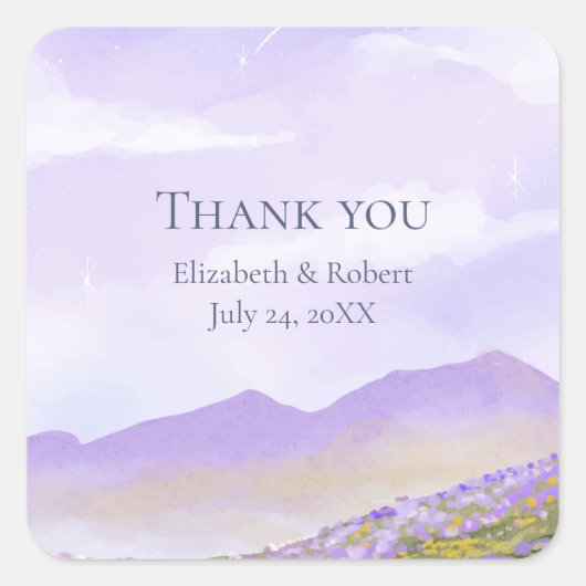 Lila nacht Sky Mountain Fields bruiloft dank u Vierkante Sticker (Voorkant)