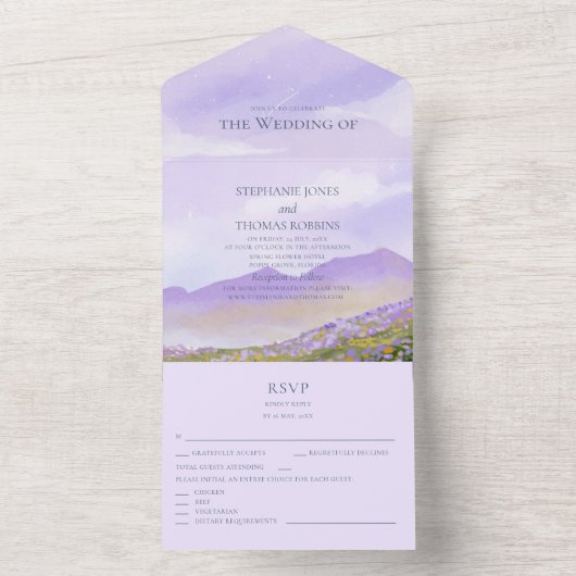 Lila nacht Sky Mountain Landscape Alles in een All In One Uitnodiging (Binnen)