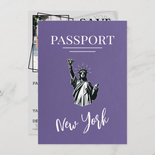 Lila New York City Passport Bewaar de datum Save The Date (Voorkant / Achterkant)