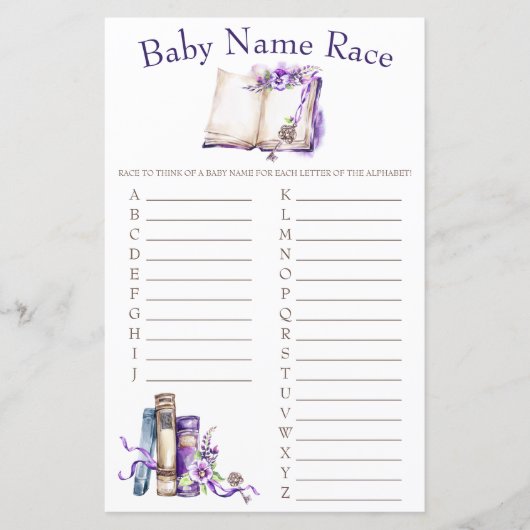 Lila nieuw Baby Naam Race Baby shower Game (Voorkant)