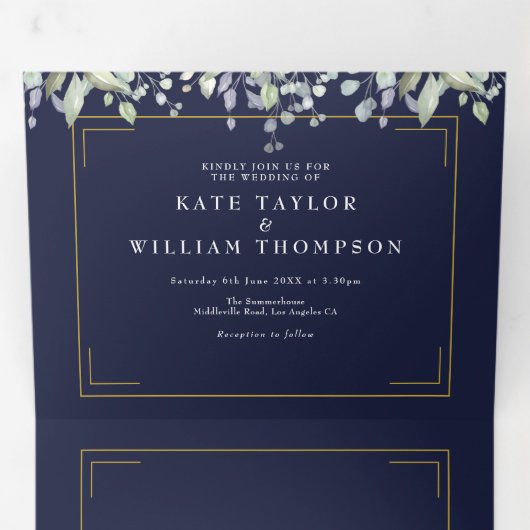 Lila olievlek Blauwe Monogram Foto bruiloft Drieluik Uitnodiging (Binnenzijde eerst)