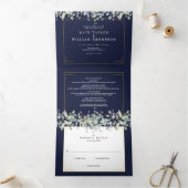 Lila olievlek Blauwe Monogram Foto bruiloft Drieluik Uitnodiging (Binnen)