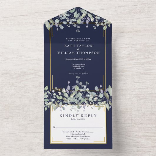 Lila olievlek Blue Monogram Weddenschap All In One Uitnodiging (Binnen)