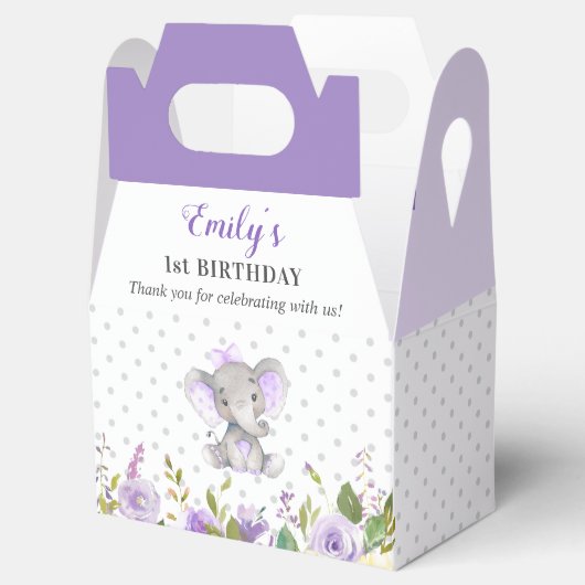 Lila olifant eerste verjaardagsfeestje kleine pind bedankdoosjes (Geopend)
