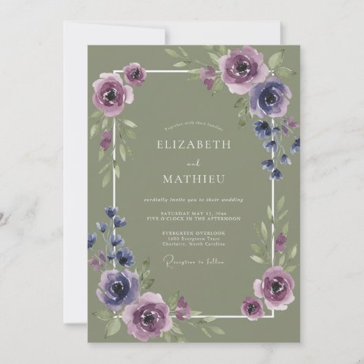 Lila Olijf Ranunculus Eucalyptus Bruiloft Kaart (Voorkant)