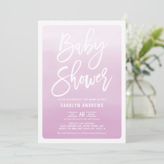Lila Ombre Modern Calligrafie Baby shower Kaart (Staand voorkant)