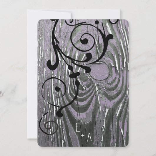  Lila ouwe Barn Wood Swirl Wedding Kaart (Achterkant)